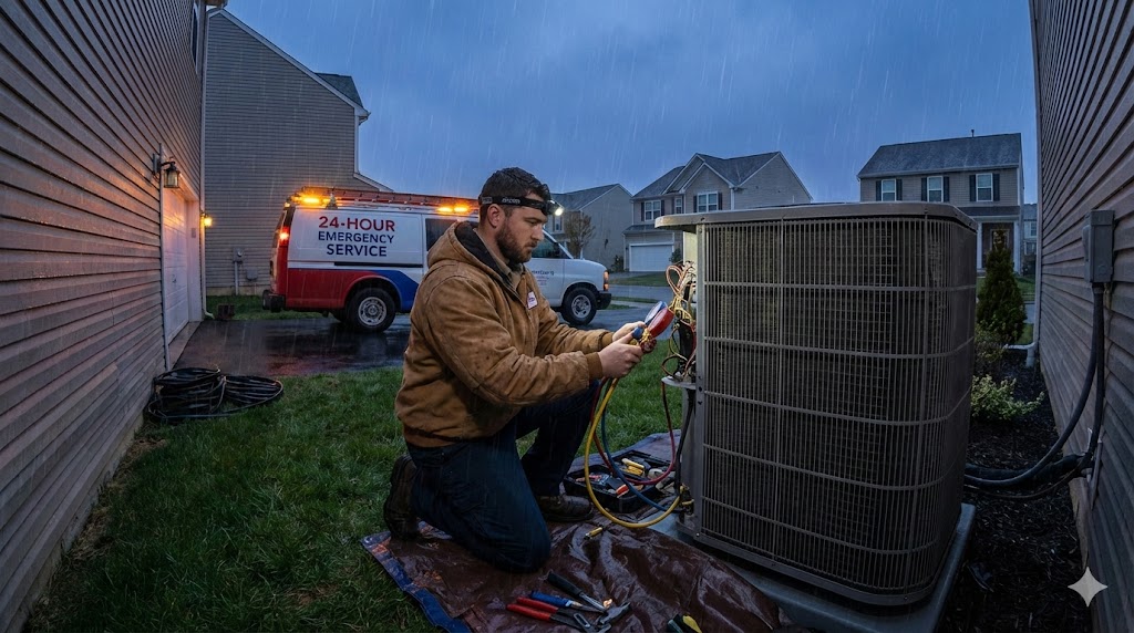 HVAC technician working on a unit during emergency call