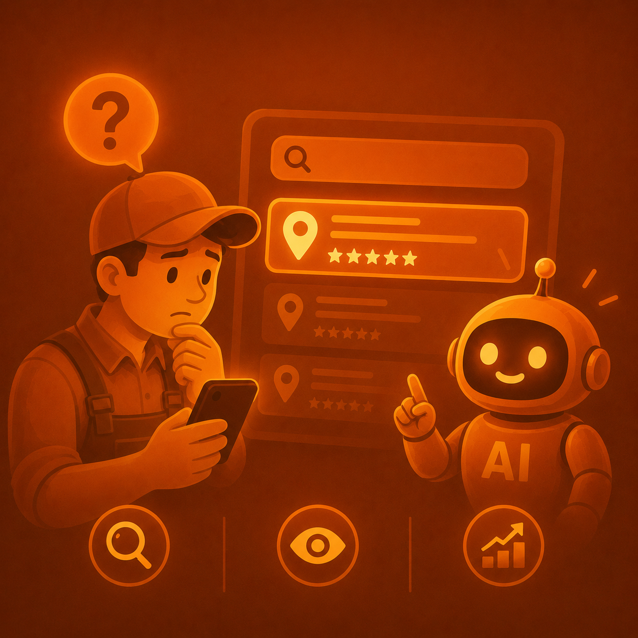 Confused local customer next to search results while an AI points to better positioning
